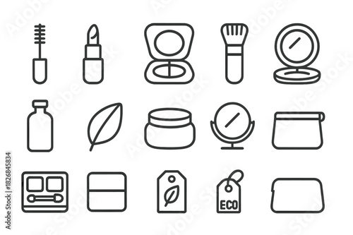 Natural Makeup Icons. Natural makeup. Line icon set of natural makeup: mascara wand, lipstick, blush compact, bamboo brush, glass bottle, leaf, cream jar,