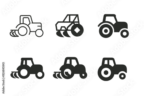 Tractor Logo Variations. Tractor. Icon set. Set Logo of Tractor: Tractor Plow Attachment. harmonious logo variations of the same emblematic concept, each with