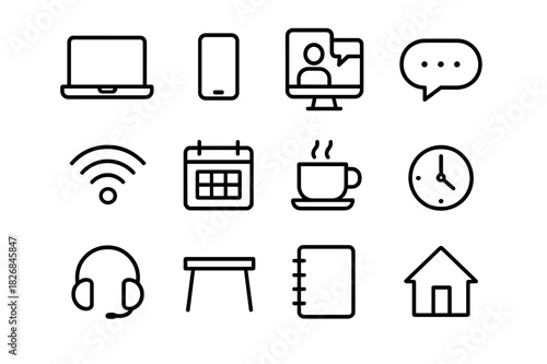 Remote Work Line Icons. Remote Work. Line icon set of Remote Work: laptop, smartphone, video call, chat bubble, Wi-Fi, calendar, coffee cup, clock, headphones,