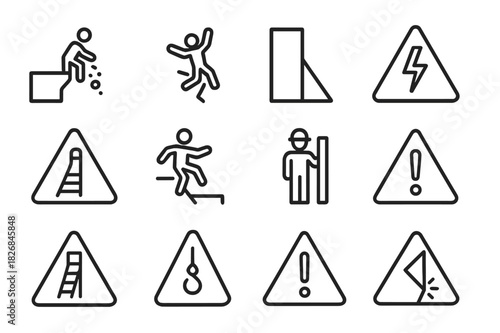 Height Warning Icons. Height warning signs. Line icon set of height warning signs: cliff warning, falling hazard, steep drop, high voltage, slippery ledge,