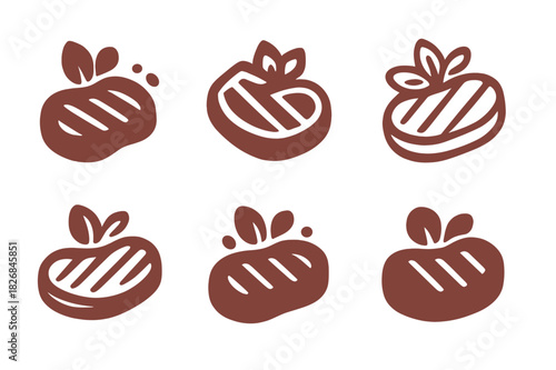 Tender Meats Logos. tender meats. Icon set. Set Logo of tender meats: grilled steak with garnish. harmonious logo variations of the same emblematic concept,