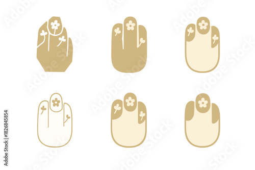 Pressed Flowers Nails. pressed flowers manicure. Icon set. Set Logo of pressed flowers manicure: hand with petal pattern. harmonious logo variations of the