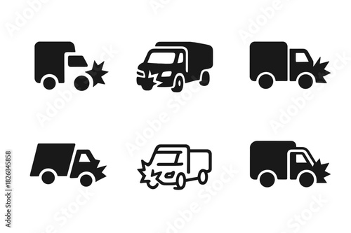 Damaged Vehicles Icons. damaged vehicles. Icon set. Set Logo of damaged vehicles: crushed truck icon. harmonious logo variations of the same emblematic