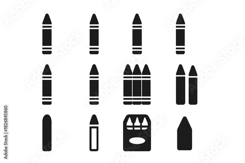Crayon Icon Grid. Coloring tools. Solid icon set of Coloring tools: red crayon, blue crayon, yellow crayon, green crayon, purple crayon, orange crayon, pink