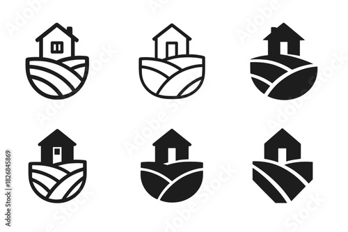 Landowner Logo Variations. Landowner. Icon set. Set Logo of landowner: farm with fencing. harmonious logo variations of the same emblematic concept, each with