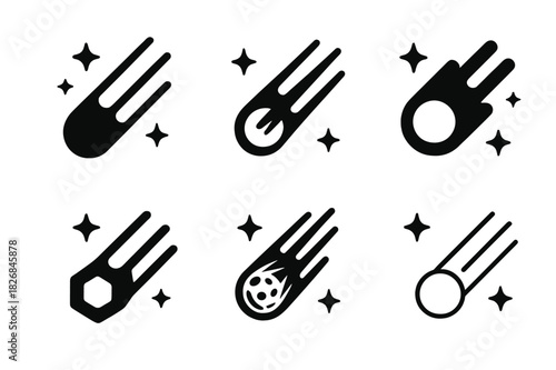 Meteor Shower Icons. Meteor shower. Icon set. Set Logo of meteor shower: Comet among stars. harmonious logo variations of the same emblematic concept, each