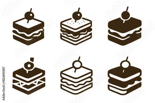 Sandwich Logo Variations. sandwich with toppings. Icon set. Set Logo of sandwich with toppings: sandwich with toothpick and garnish. harmonious logo variations