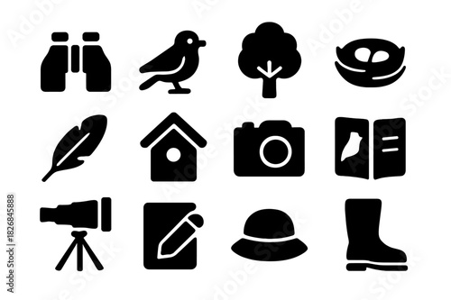 Bird Watching Icons. Bird watching. Solid icon set of Bird watching: binoculars, bird, tree, nest, feather, birdhouse, camera, field guide,