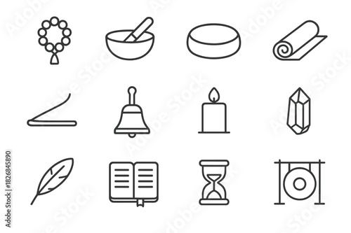 Meditation Tools Icons. Meditation tools. Line icon set of meditation tools: mala beads, singing bowl, cushion, mat, incense stick, bell, candle, crystal,