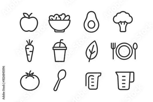 Healthy Eating Icons. Healthy eating. Line icon set of healthy eating: apple, salad bowl, avocado, broccoli, carrot, smoothie cup, leaf, fork, plate, tomato,