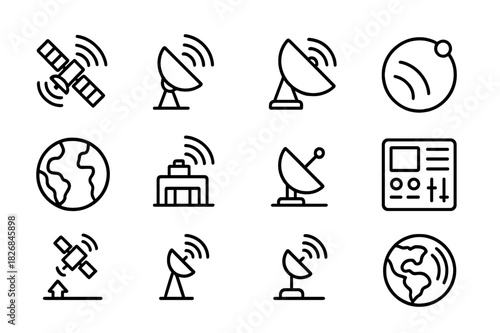 Satellite Icon Set. Satellite communication. Line icon set of satellite communication: satellite, antenna, dish, signal waves, orbit path, earth, relay