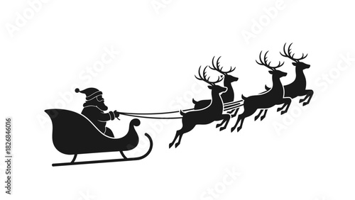 Santa Claus Riding Sleigh Pulled by Reindeer Silhouette Illustration for Holiday Season