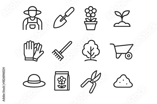 Flower Gardening Icons. Flower Gardening. Line icon set of Flower Gardening: gardener with watering can, trowel, flower pot, sprouting plant, gloves, rake,