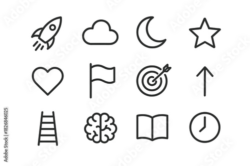 Dream Icons Collection. Dreams and ambitions. Line icon set of dreams and ambitions: rocket, cloud, moon, star, heart, flag, target, arrow up, ladder, brain,