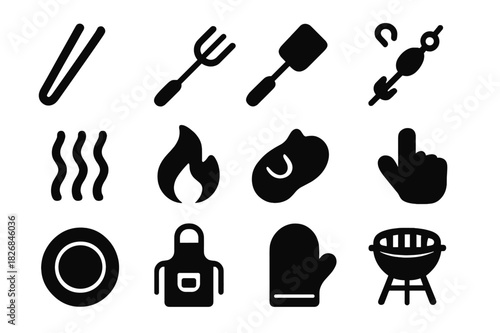 Grilling Icons Set. Grilling accessories. Solid icon set of Grilling accessories: barbecue tongs, grill fork, spatula, skewer, heat waves, flame, meat icon,