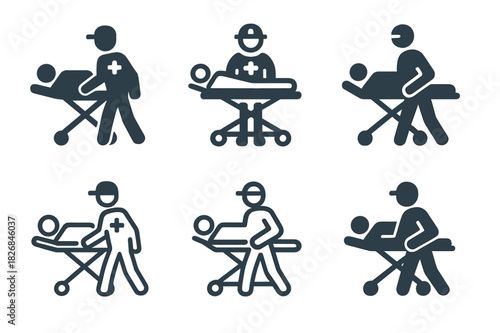 Mobile Medical Unit Icons. Mobile medical unit. Icon set. Set Logo of mobile medical unit: paramedic with stretcher. harmonious logo variations of the same