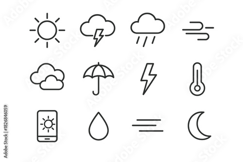 Thursday Weather Icons. Thursday weather. Line icon set of Thursday weather: sun, thundercloud, rain, wind, partly cloudy, umbrella, lightning, temperature