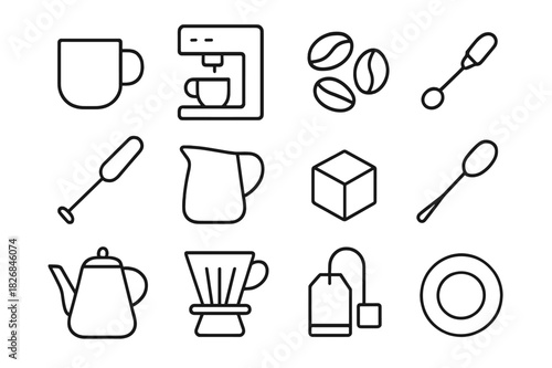 Coffee Icon Set. Coffee preparation. Line icon set of Coffee preparation: coffee mug, espresso machine, coffee beans, grinder, frother, milk jug, sugar cube,