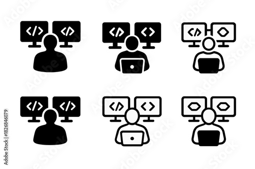 Collaborative Coding Icons. developer coding in a collaborative workspace. Icon set. Set Logo of developer coding in a collaborative workspace: connected