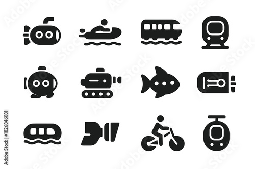 Submarine Transport Icons. Submerged transportation. Solid icon set of Submerged transportation: mini-sub, sea scooter, underwater tram, ocean train, bubble