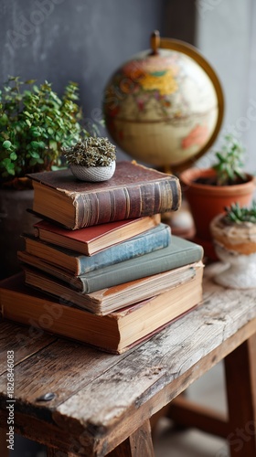 Books Stacked With a Globe and a Plant on a Rustic Wooden Table in a Cozy Set...