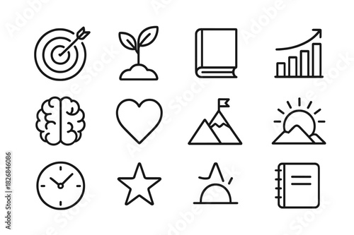 Personal Growth Icons. Personal growth. Line icon set of personal growth: target, arrow, seedling, book, chart, brain, heart, mountain, sunrise, clock, star,