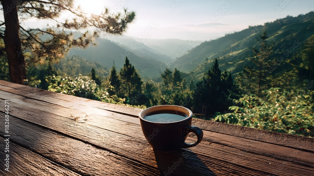 Obraz premium Warm beverage rests upon weathered wood overlooking a sprawling mountainous landscape bathed in morning light