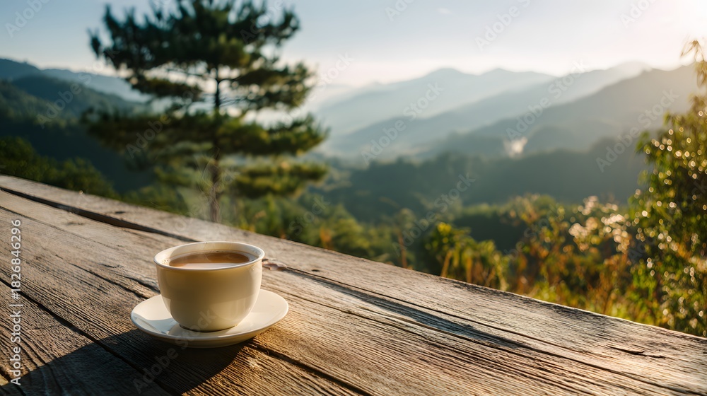 Obraz premium Steaming cup of hot beverage rests upon rustic wooden surface overlooking misty mountain vista at sunrise