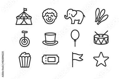 Circus Icons Set. Circus life. Line icon set of circus life: tent, clown, elephant, juggling clubs, unicycle, ringmaster hat, balloon, drum, popcorn, ticket,