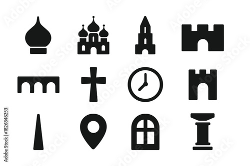 Russian Architecture Icons. Russian Architecture. Solid icon set of Russian Architecture: onion dome, cathedral, tower, arch, bridge, church cross, clock,