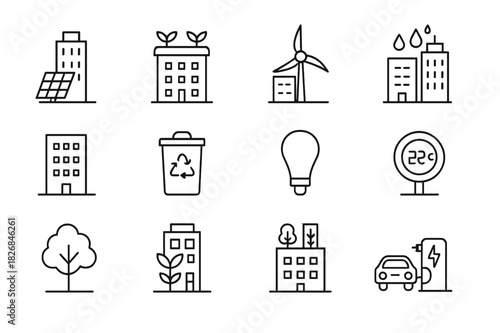 Sustainable Skyscraper Icons. Sustainable skyscrapers. Line icon set of Sustainable skyscrapers: solar panels, green roof, wind turbine, rainwater collection,