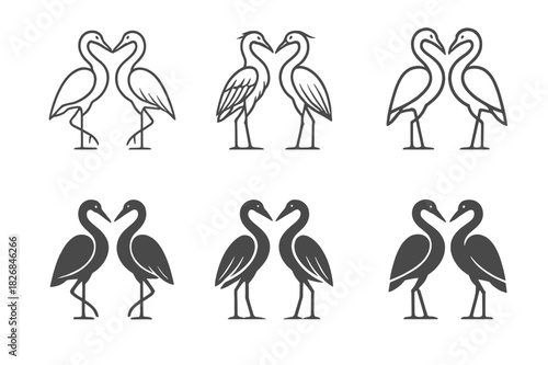 Heron Logo Variations. Herons. Icon set. Set Logo of Herons: pair of herons facing each other. harmonious logo variations of the same emblematic concept, each