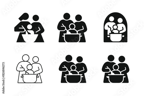 Family Cooking Logos. cooking together as a family. Icon set. Set Logo of cooking together as a family: food sharing gesture. harmonious logo variations of the