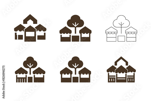 Town Square Logo Variations. town square. Icon set. Set Logo of town square: market stalls arrangement. harmonious logo variations of the same emblematic