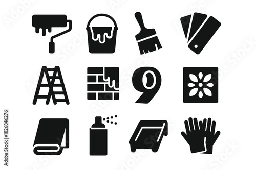 Painting Tools Icons. Painting and decorating. Solid icon set of painting and decorating: paint roller, paint bucket, brush, color palette, ladder, wall, tape,