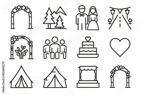 Outdoor Wedding Icons. Outdoor Wedding. Line icon set of Outdoor Wedding: wedding arch, pine trees, mountain view, bride and groom, lanterns, pathway, floral