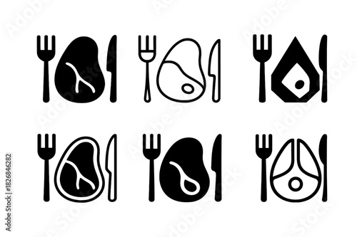 Tender Meats Icons. tender meats. Icon set. Set Logo of tender meats: steak with knife and fork. harmonious logo variations of the same emblematic concept,
