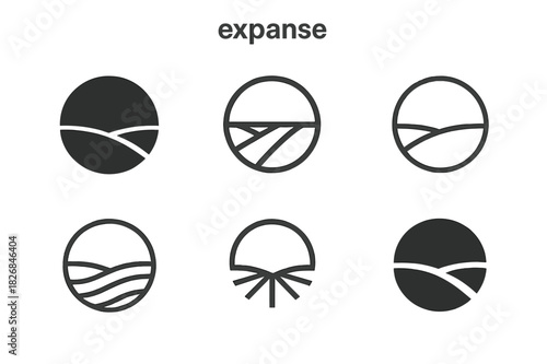 Expanse Logo Variations. expanse. Icon set. Set Logo of expanse: wide open field with horizon. harmonious logo variations of the same emblematic concept, each