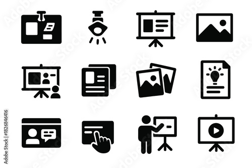 Mood Board Icons. Mood board presentation. Solid icon set of Mood board presentation: pinned board, spotlight, stand display, gallery icon, shared board, slide