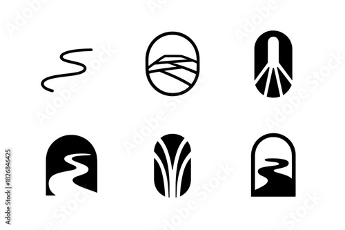 Zen Path Logos. Garden path. Icon set. Set Logo of garden path: minimal zen path design. harmonious logo variations of the same emblematic concept, each with