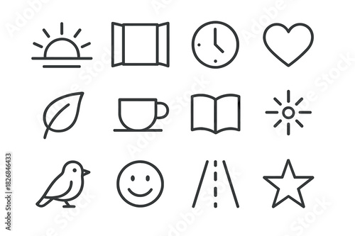 New Day Icons. New day. Line icon set of new day: sunrise, open window, clock, heart, leaf, coffee cup, book, light ray, bird, smile, road, morning star. All
