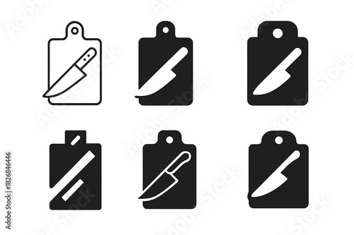 Cooking Techniques Icons. Cooking techniques. Icon set. Set Logo of cooking techniques: chef?s knife and cutting board. harmonious logo variations of the same