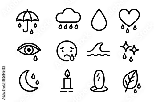 Rain and Emotion Icons. Rain and emotion. Line icon set of rain and emotion: umbrella, cloud, droplet, heart, eye, face, wave, star, moon, candle, reflection,