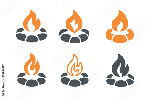 Campfire Logo Set. Campfire. Icon set. Set Logo of campfire: Circular fire pit with stones. harmonious logo variations of the same emblematic concept, each