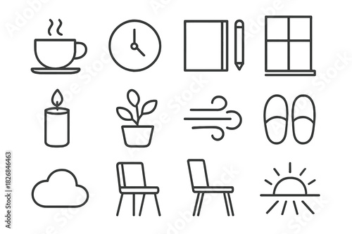 Unplanned Moments Icons. Unplanned Moments. Line icon set of Unplanned Moments: coffee cup, clock, journal, pen, window, candle, plant, breeze, slippers,