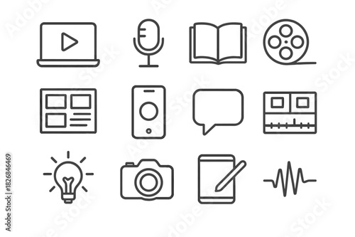 Digital Storytelling Icons. Digital Storytelling. Line icon set of Digital Storytelling: laptop with play button, microphone, open book, film reel, storyboard,