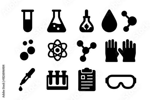 Chemical Experiment Icons. Chemical experiment. Solid icon set of chemical experiment: test tube, flask, burner, droplet, bubbles, atom, molecule, gloves,