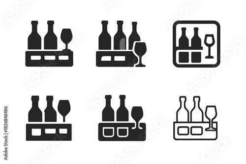 Home Bar Iconography. Home bar and entertainment area design. Icon set. Set Logo of home bar and entertainment area design: Wine glass and bottle rack.