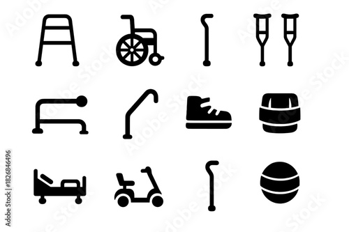 Mobility Device Icons. Mobility support devices. Solid icon set of Mobility support devices: walker, wheelchair, cane, crutches, handrail, grab bar, orthopedic