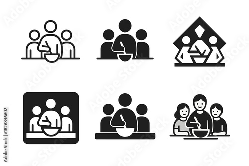 Family Cooking Logos. cooking together as a family. Icon set. Set Logo of cooking together as a family: family around kitchen table. harmonious logo variations